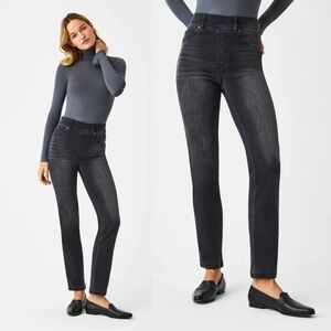 SPANX • Ankle Straight Leg Jeans in Vintage Black pull on washed faded slim cut
